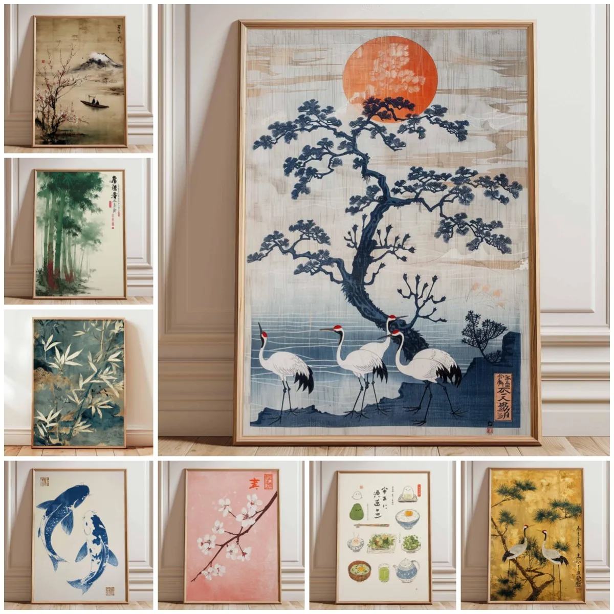 Póster de grulla japonesa, arte de pared vintage Ukiyo-e, estampado de sol rojo y pino, obra de arte tradicional japonesa, decoración oriental para el hogar