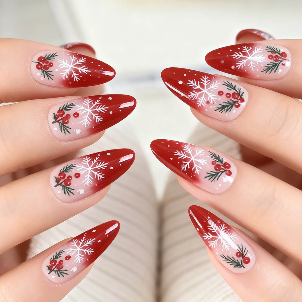 

24Pcs Red Almond Christmas Snowflake Press On Nails Cute Red Berry Wearable Fake Nails Full Cover Xmas Festive False Nails Tips#