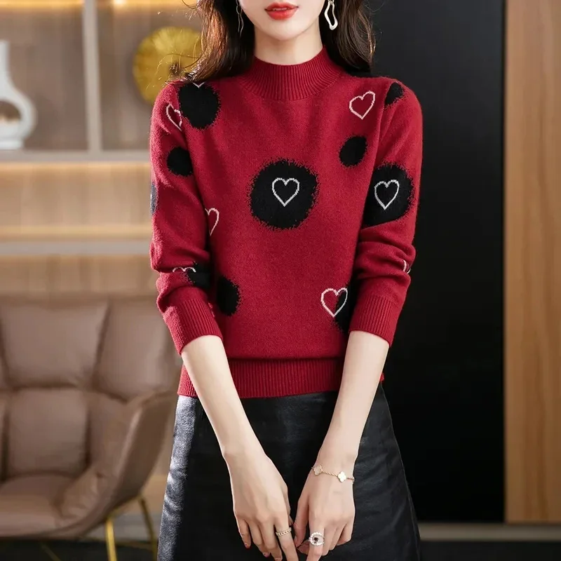 Autumn Winter Thick Warm Chic Love Jacquard Women\'s Sweater 2023 New Wool Knitted Fashion Simple Pullover Knitwear