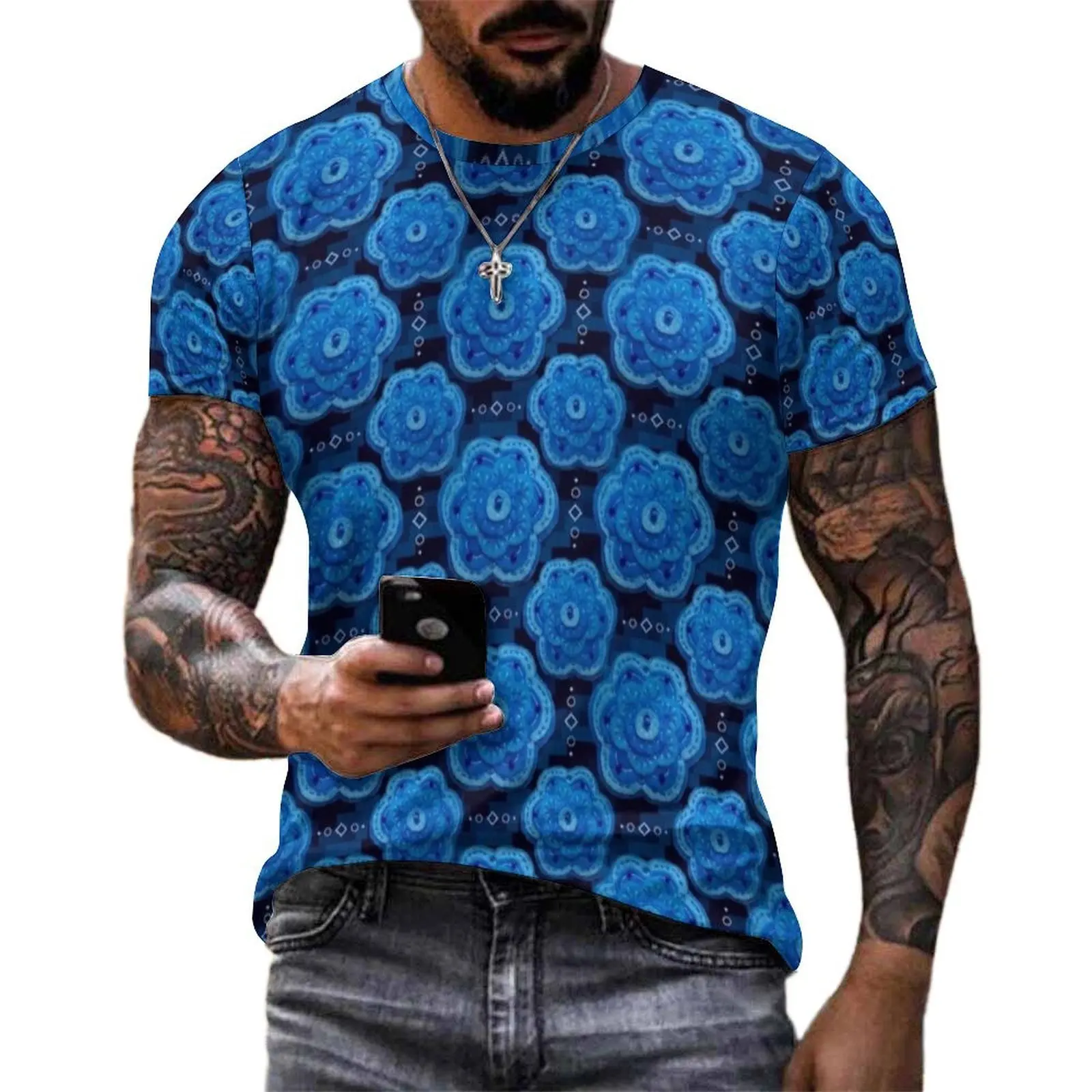 Retro Blue Floral Tile Print T-Shirt  Vintage T-Shirts Men Y2K Casual Tee Shirt Premium Short Sleeve Graphic Clothing Plus Size