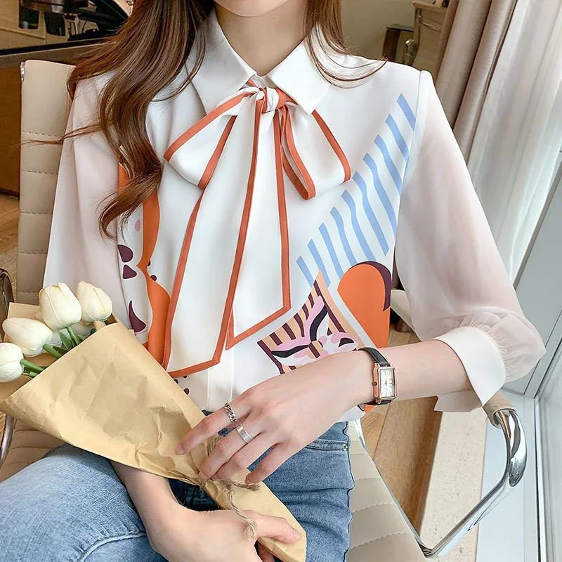 Women Shirt Chiffon Thin Covered Button Casual Print Women's Clothing Bow Spring Autumn Turn-down Collar Long Sleeve Popularity