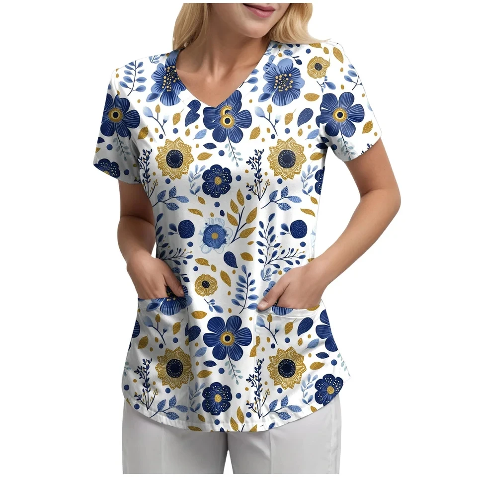 

Scrubs Uniforms Printed Scrub Top For Women Hospital Surgical Scrubs Beauty Salon Uniform Nurse V-Neck T-Shirts With Pockets