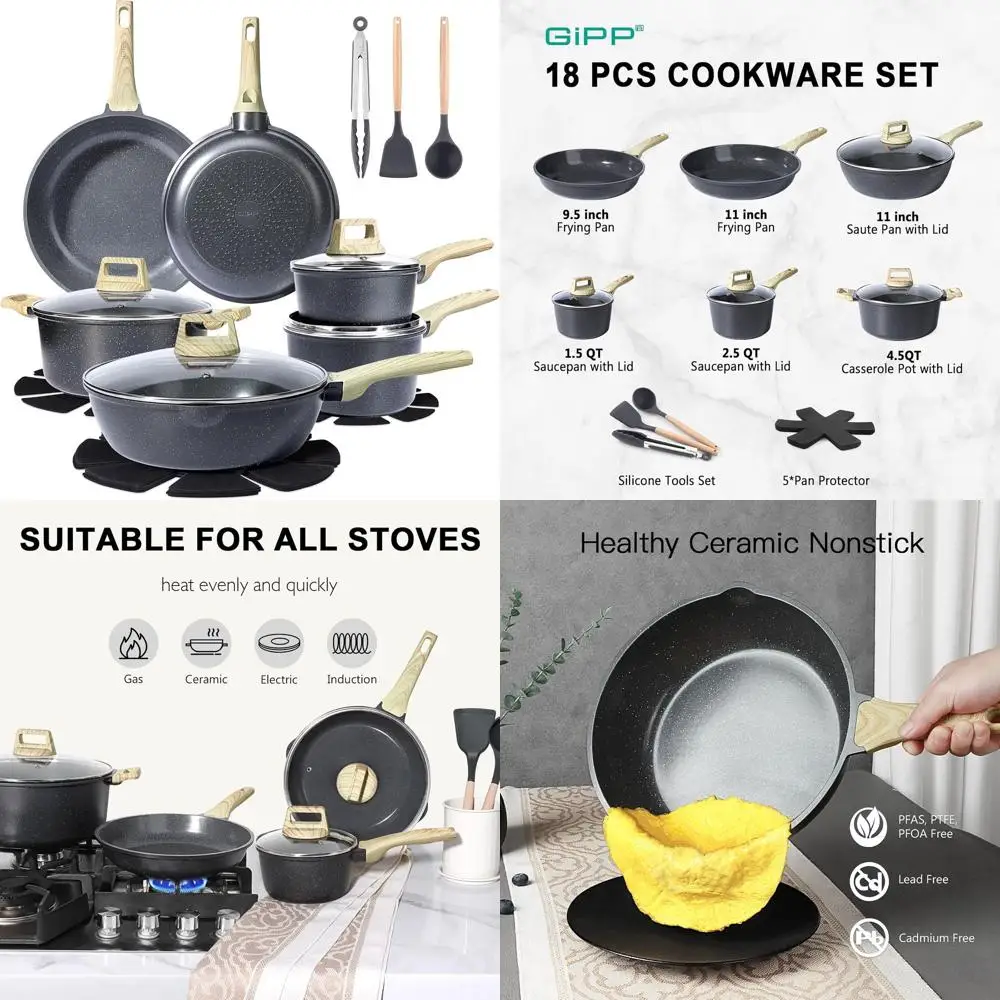 18-Piece Ceramic Nonstick Cookware Set: Healthy, Dishwasher-Safe, Non-Toxic Kitchenware with Frying Pans