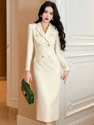 Fashion Elegant Midi Dress Women's Professional Business Style Long Sleeve Double Breasted Slit Robe Office Lady Work Vestidos