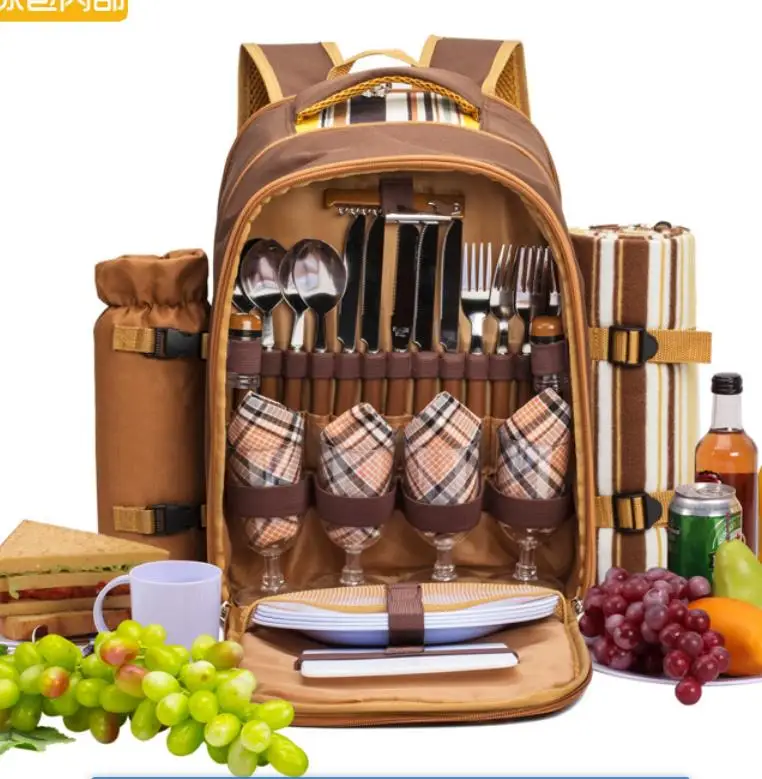 Portable Outdoor Picnic Bag Thermal Insulation Cold Storage Waterproof Backpack for Four with Tableware Camping Gear