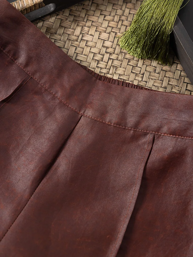 

Red Classic Oil Leather Old Material 100% Natural Mulberry Silk Red Cloud Yarn Retro Casual Wide Leg Pants