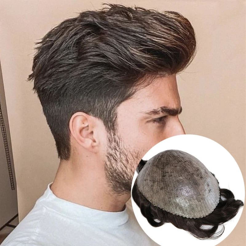 Toupet en PU complet indétectable pour hommes, peau fine super durable, cheveux humains gris, système capillaire de prothèse, délié naturel, marron foncé