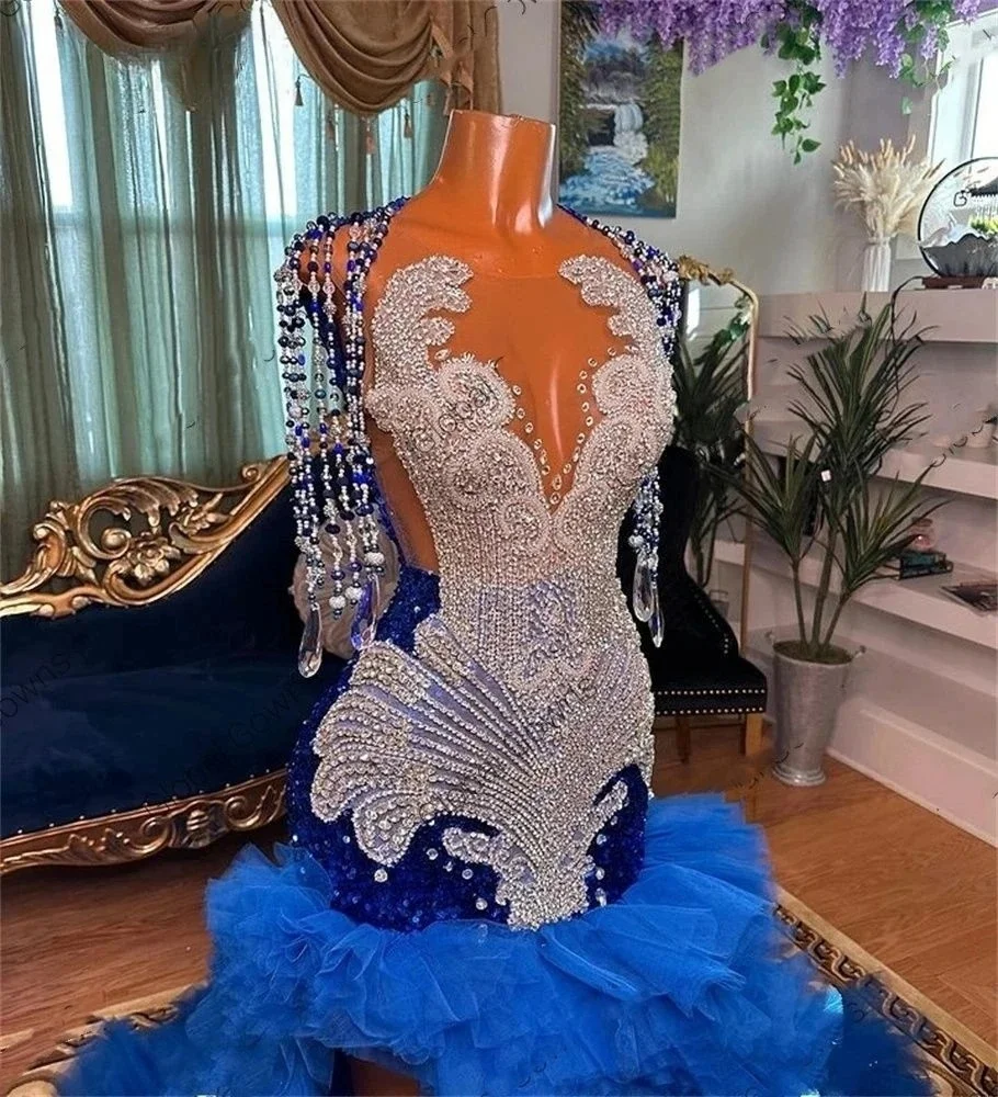 Royal Blue African American Long Prom Dresses For Black Girls Mermaid Sheer Tiered Crystals Elegant Evening Gown Customized