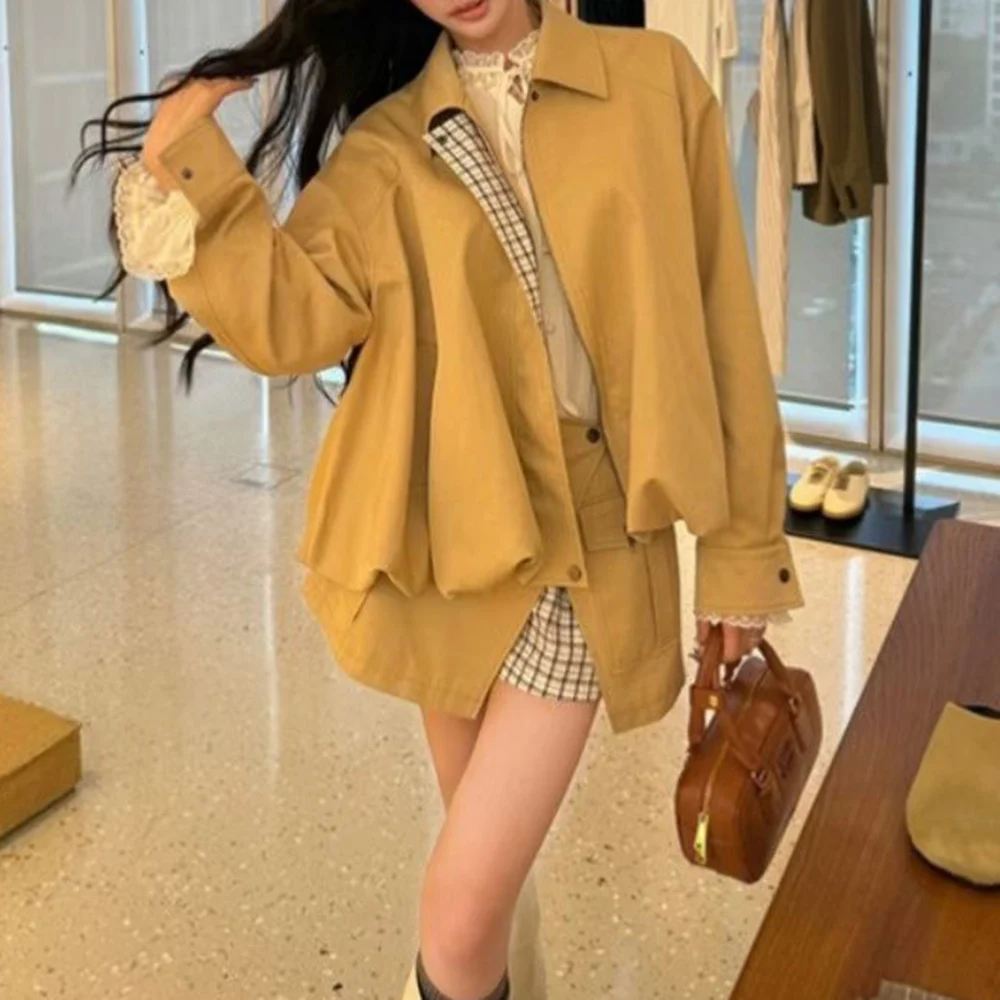 TWOTWINSTYLE Khakl Spliced Pocket Two Piece Set Female Lapel Long Sleeve Jacket Streetwer Women's Skirt Set Fashion New Style view 4