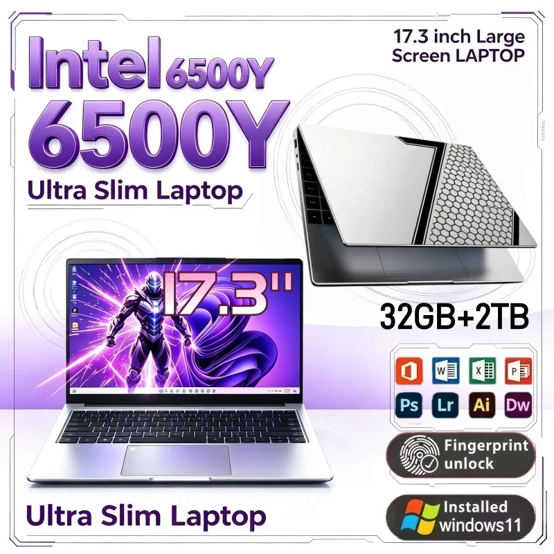 Intel 6500Y Lightweight 17.3 Inch Large Screen Laptop 16/32GB RAM 1/2TB BIG SSD Vivid Windows11 Portable for Study Office
