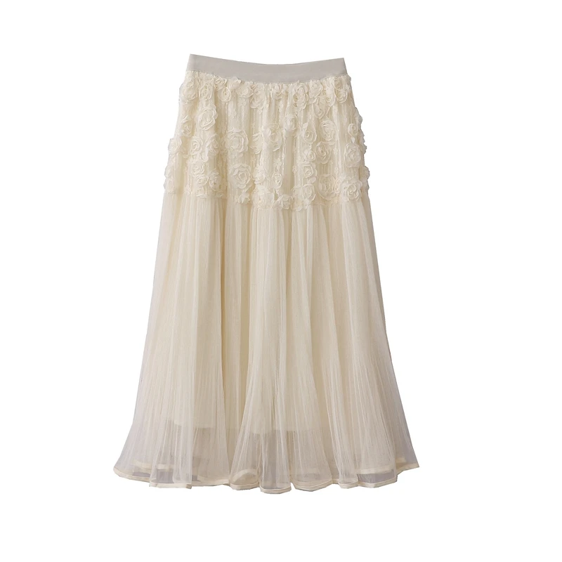 กระโปรงตาข่ายสไตล์ Y2K สำหรับผู้หญิง ฤดูใบไม้ร่วง ฤดูหนาว ดีไซน์อ่อนหวาน งานประณีต ลายดอกไม้ 3 มิติ ผ้าหนา กระโปรงยาวครึ่งตัว