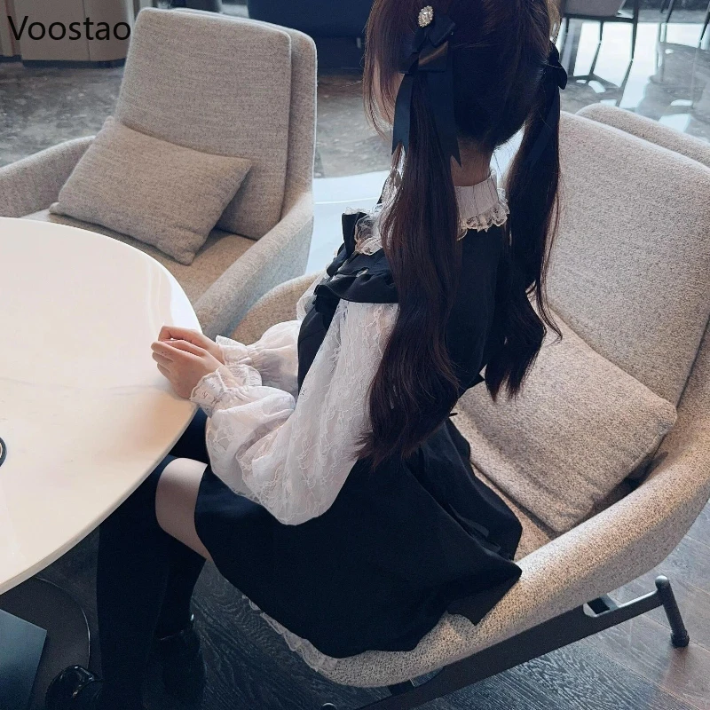 Robe Gothique de Style Japonais Y2k avec Nministériels d Lolita pour Femme, Vintage, Manches sulf, Faux Deux Pièces, Mini Robe de Soirée en Dentelle Mignonne, Patchwork