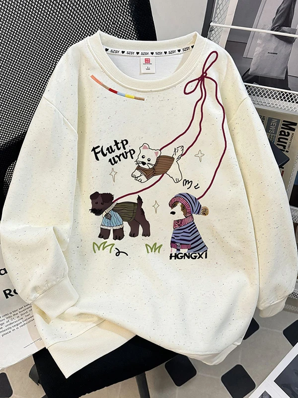 

plus Size 300 Pou Loose Design round Ne Embroidery Print Sweatirt Women Fat MM Anti-Aging Top Autumn