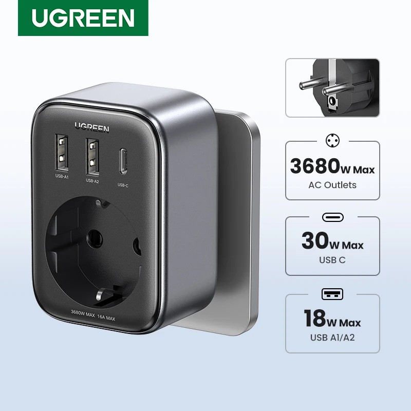 UGREEN Power Strip Adapter EU Plug PD 30W Travel Adapter with AC Port for Home Appliance