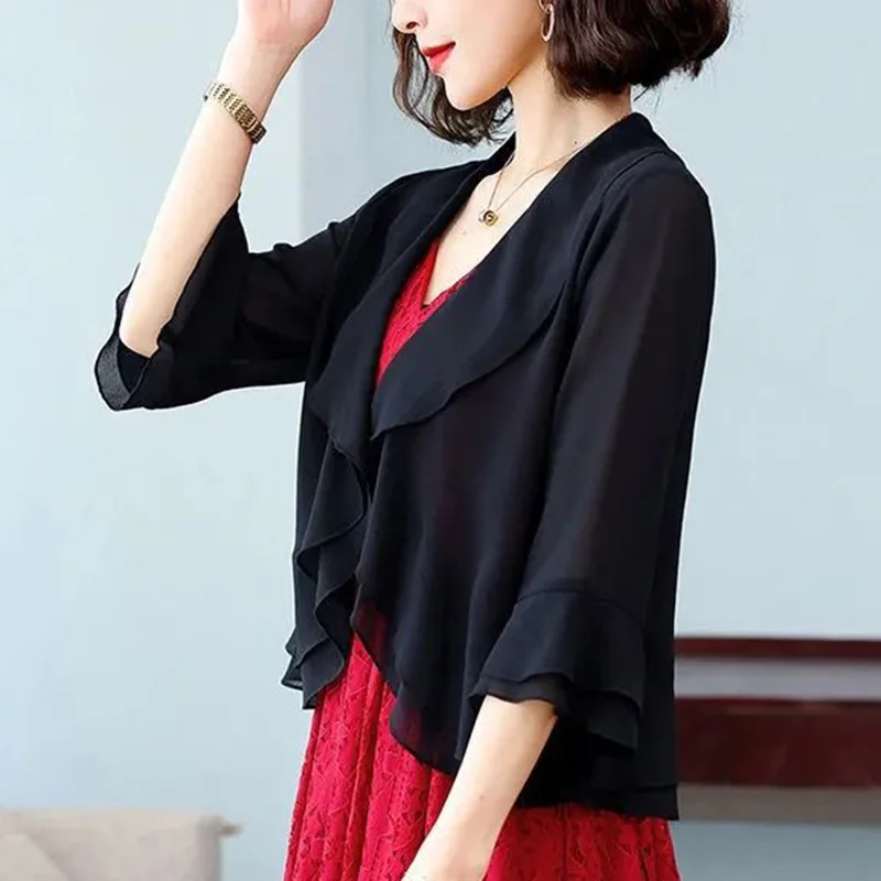 Elegant V-Neck Solid Color Ruffles Flare Sleeve Shirt Women\'s Clothing 2023 Summer New Casual Tops Loose Office Lady Blouse