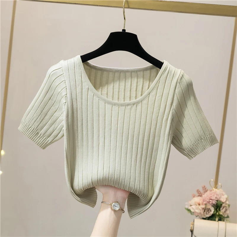 Y2k Cropped Tank Tops Für Mädchen Weiß Blusen T-shirts Stricken Schwarz T Shirts Koreanische Sommer Streetwear Frauen Tees Blau Kleidung