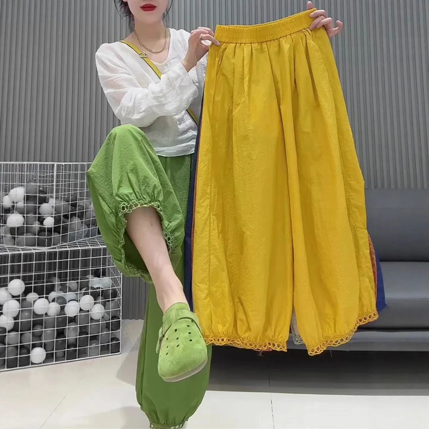 Quick Dry Wide Leg Pants Casual Style Eighteen Length Thin Lace Trim Lantern Pants Women's Loose Fit Comfortable Summer Trousers