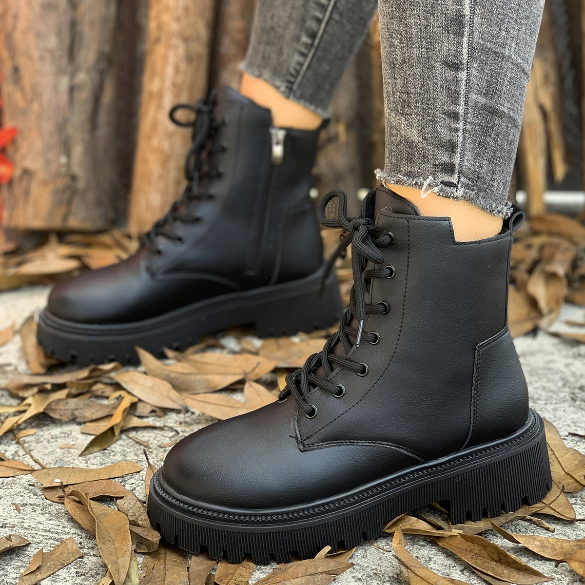 المرأة مبطن دافئ قصير أفخم عارضة الجوارب الشتاء الدانتيل تصميم بو الجلود زائد حجم بلون الأحذية الموضة الكلاسيكية. #5