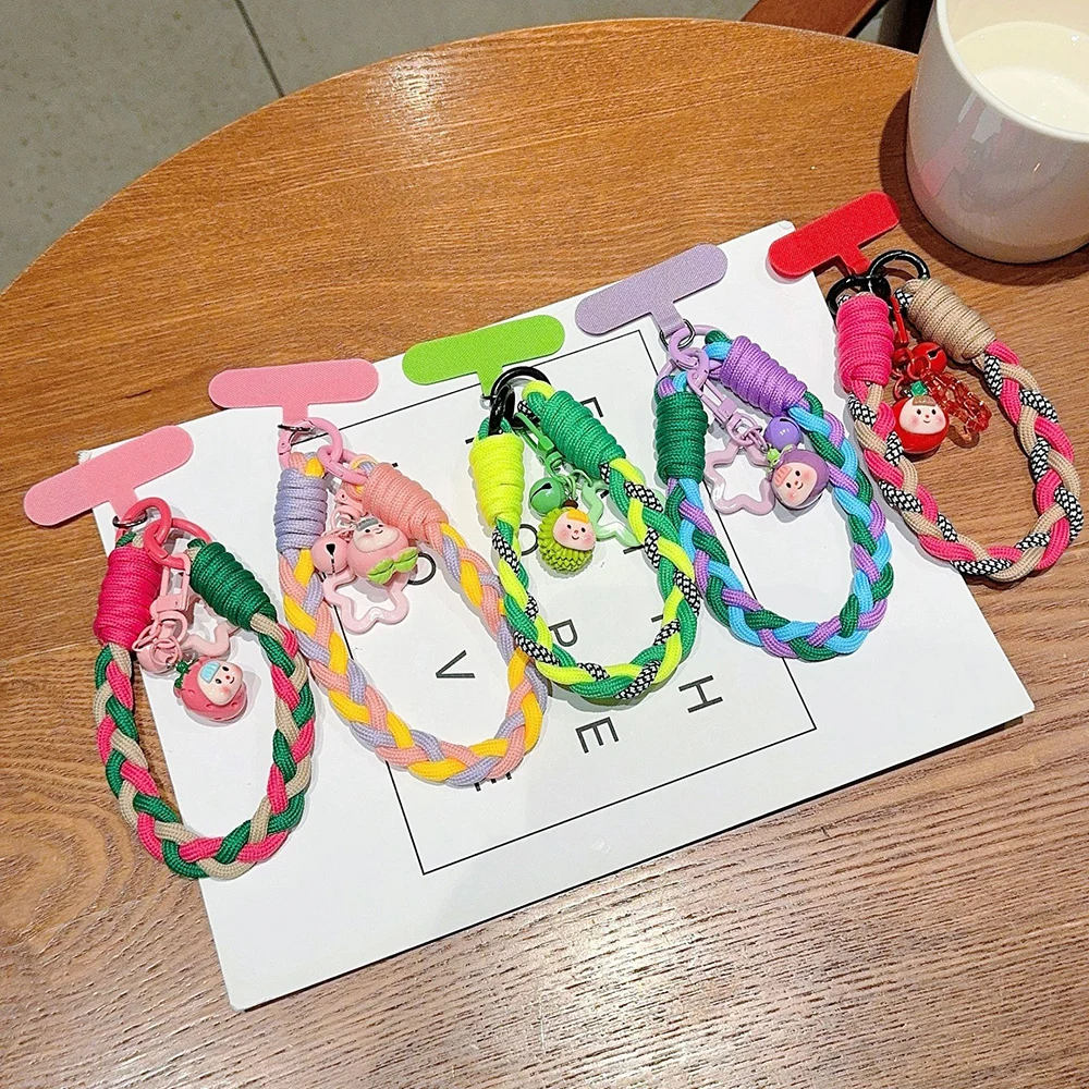 Phone Hanging Bracelet with Hanging Pad Carton Fruit Pendant Anti Lost Colorful Knot Rope Chain Weaving Wrist String Hand Strap