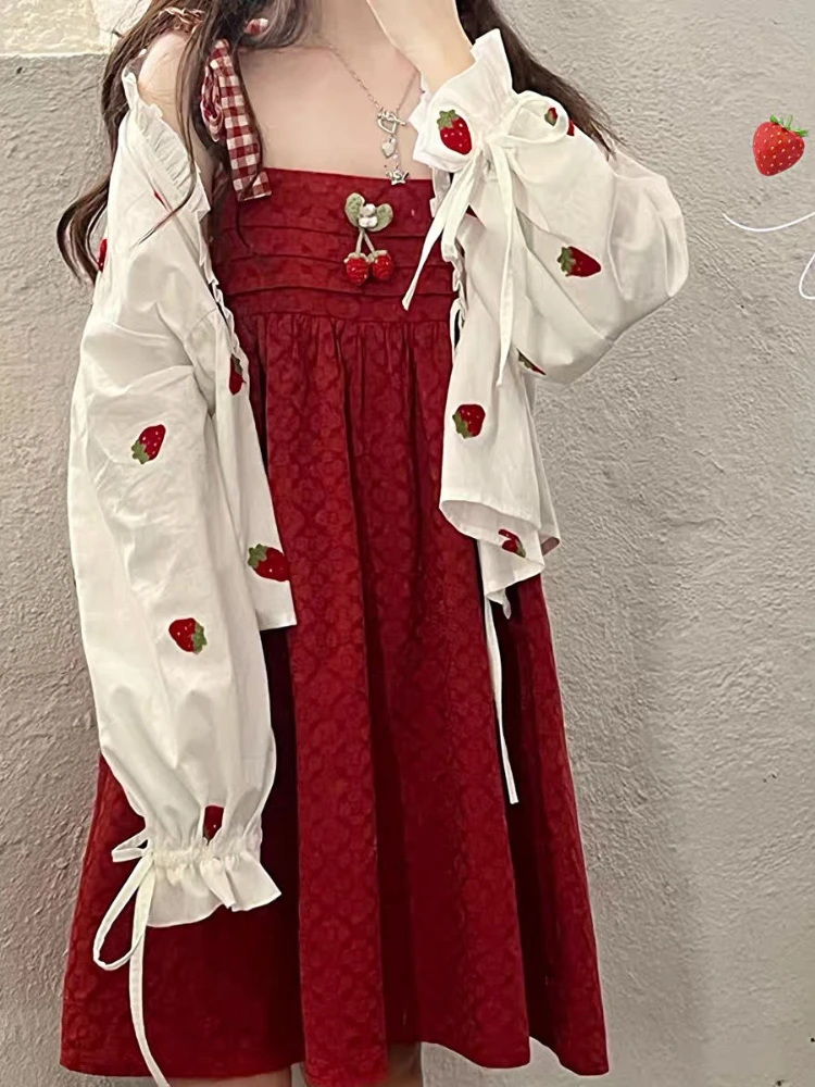 

Summer Kawaii Strawberry Embroidery Cardigan Kimono Blouse Women Sunscreen Shirt Bandage Ruffle Blusas Loose Tops 2026