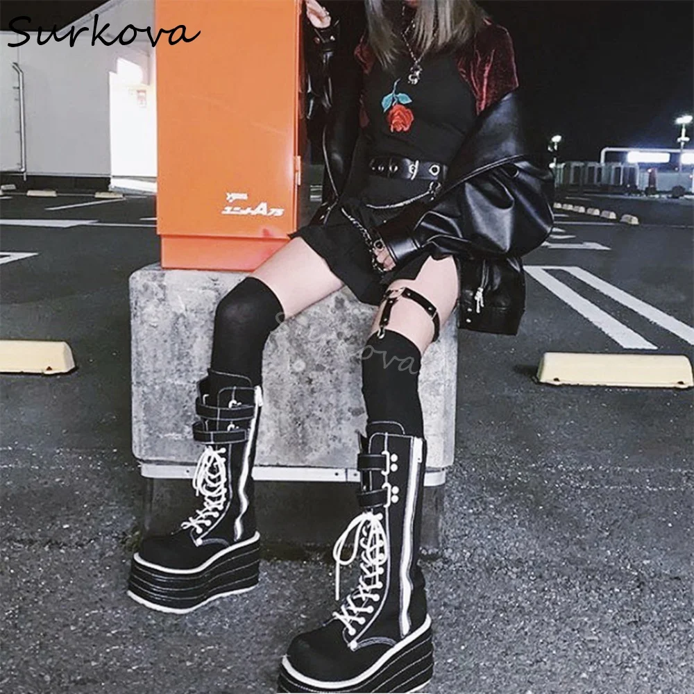 Wedges Platform White Knee High Boots Women Round Toe Hook & Loop Cross Strap Leather Boots 2024 New Winter Warm Hotties Boots