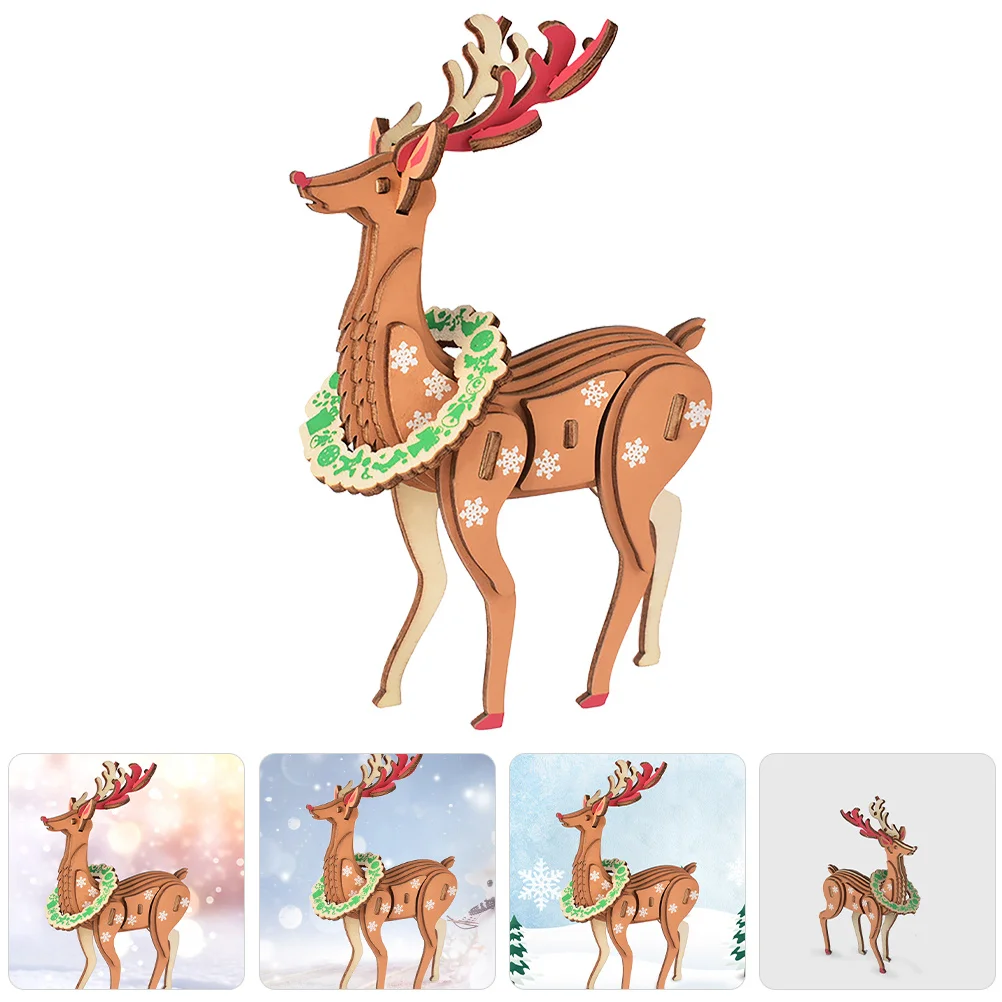 

DIY 3D Wooden Christmas Reindeer Puzzle Jigsaw for Children Holiday Decoration Xmas Wooden Puzzles Set