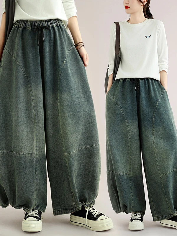 Vintage Washed Straight Leg Jeans Casual Loose Fit Denim Pants Brand Name Sample No Tagging Comfortable Autumn Blue Polyester...