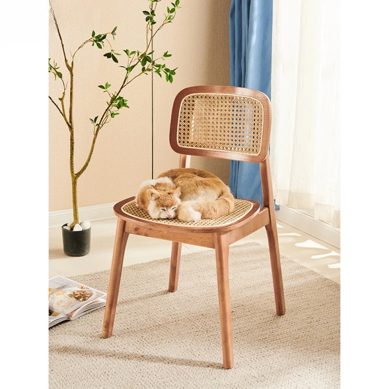 

Dining chair log Nordic home solid wood stool rattanchair backrestchair rattanchair wabi sandy wind diningtable and chair de