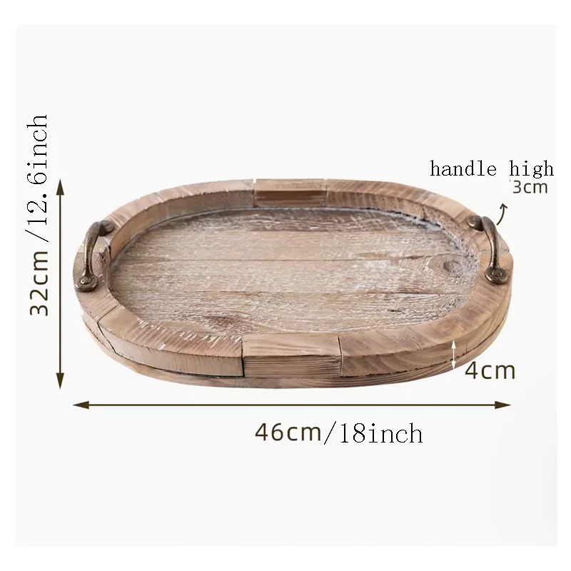 Farm Style Vintage Old Aged Fir Wood Oval Handmade Ornamental Serving Tray with Metal Handles