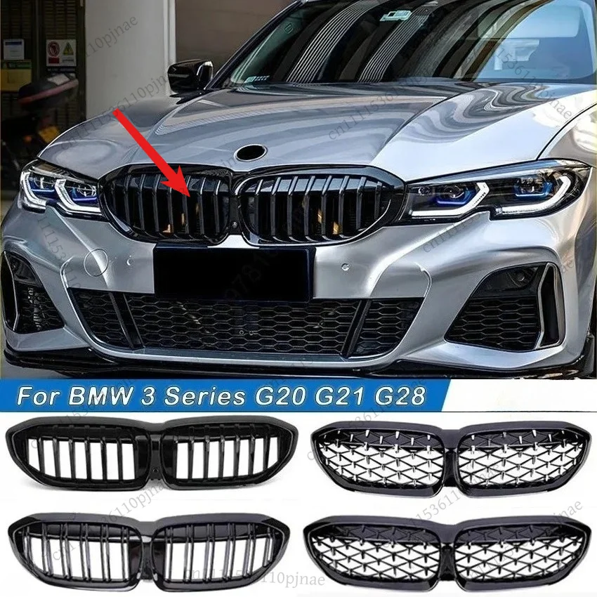 For BMW 3 Series G20 G21 G28 2019-2022 Front Bumper Hood Kidney Grill Racing Grilles Replacement Black Diamond Meteor Style