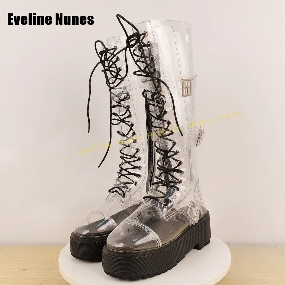 

2025: Прозрачные сапоги до колена из ПВХ Y2K с круглым носком на массивном каблуке, на платформе со шнуровкой, в стиле пэчворк, женские модные ботинки в стиле панк с перекрестной завязкой