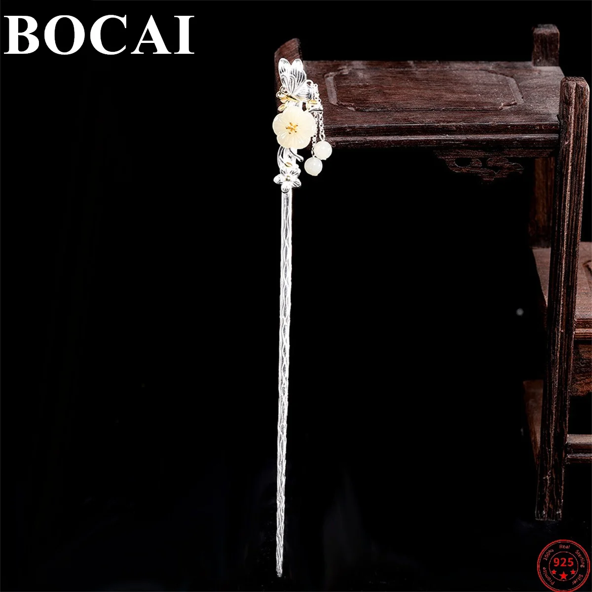 

BOCAI S925 Sterling Silver Hairpin for Women Hair Accessories Butterfly Love Flower Jade Tassel Headdress Jewelry Free Shipping