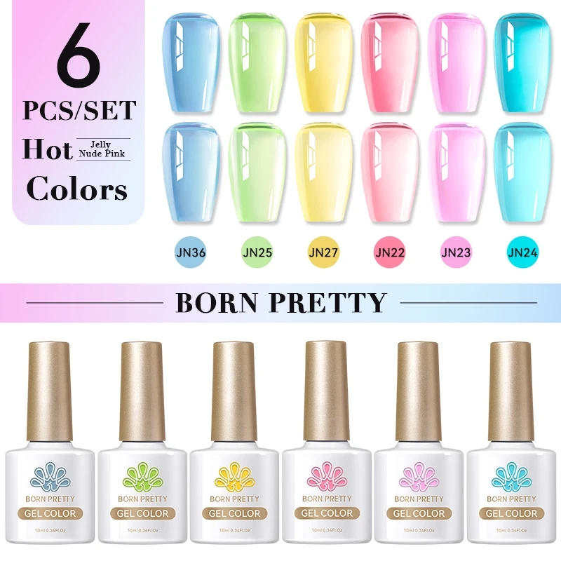 

BORN PRETTY 6pcs Jelly Color Gel Nail Polish Set Semi permanent Soak Off UV LED Varnish Nail Supplies Salon Kits
