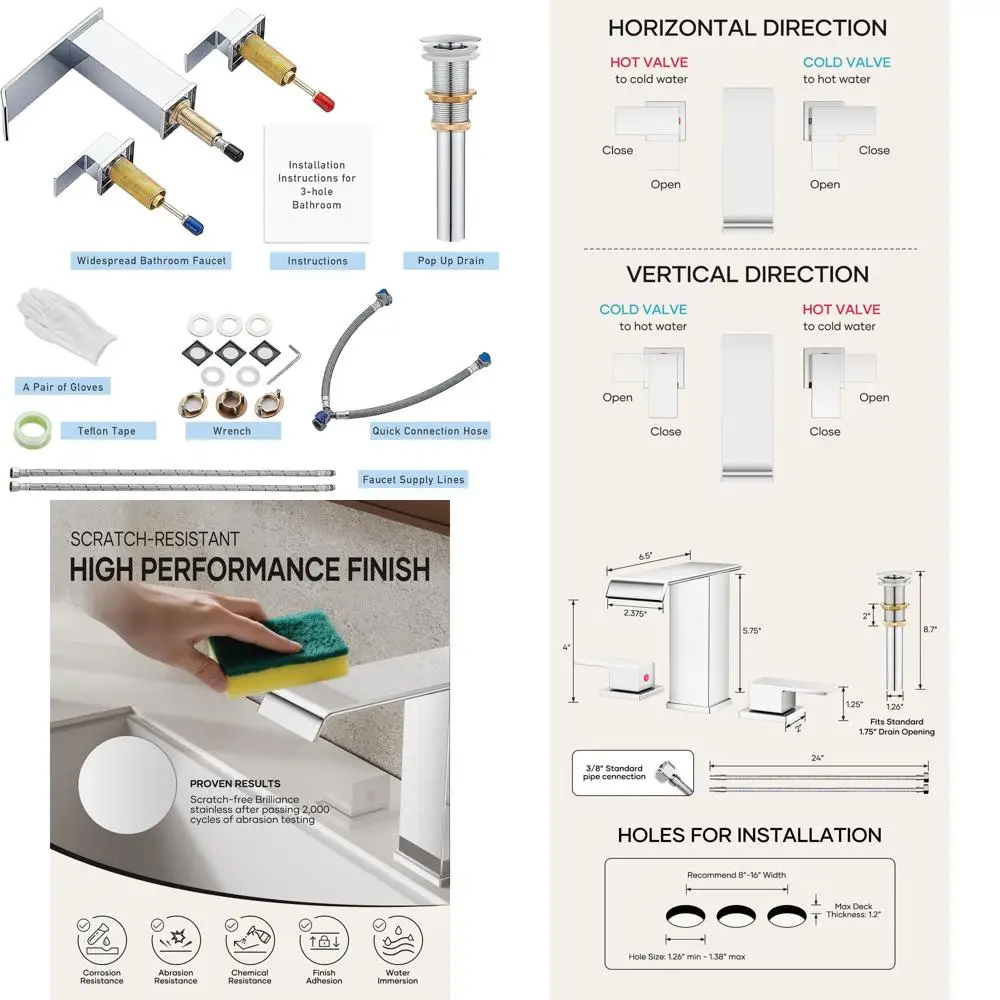 

8 Widespread Modern Touch-On 3-Hole Chrome Bathroom Faucet Set for Vanity Sinks