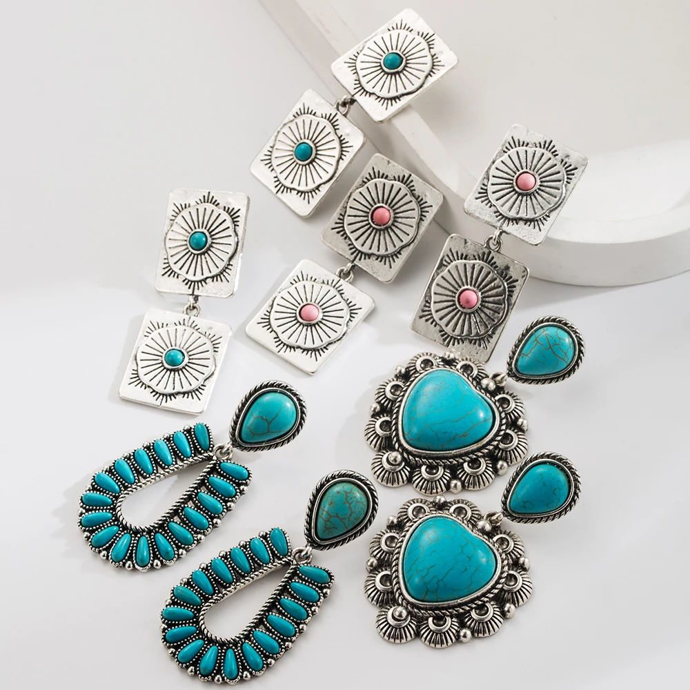 Cross Border Original Design Fashionable Bohemian Style New Hollow Oval Heart-Shaped Square Turquoise Earrings And Earrings