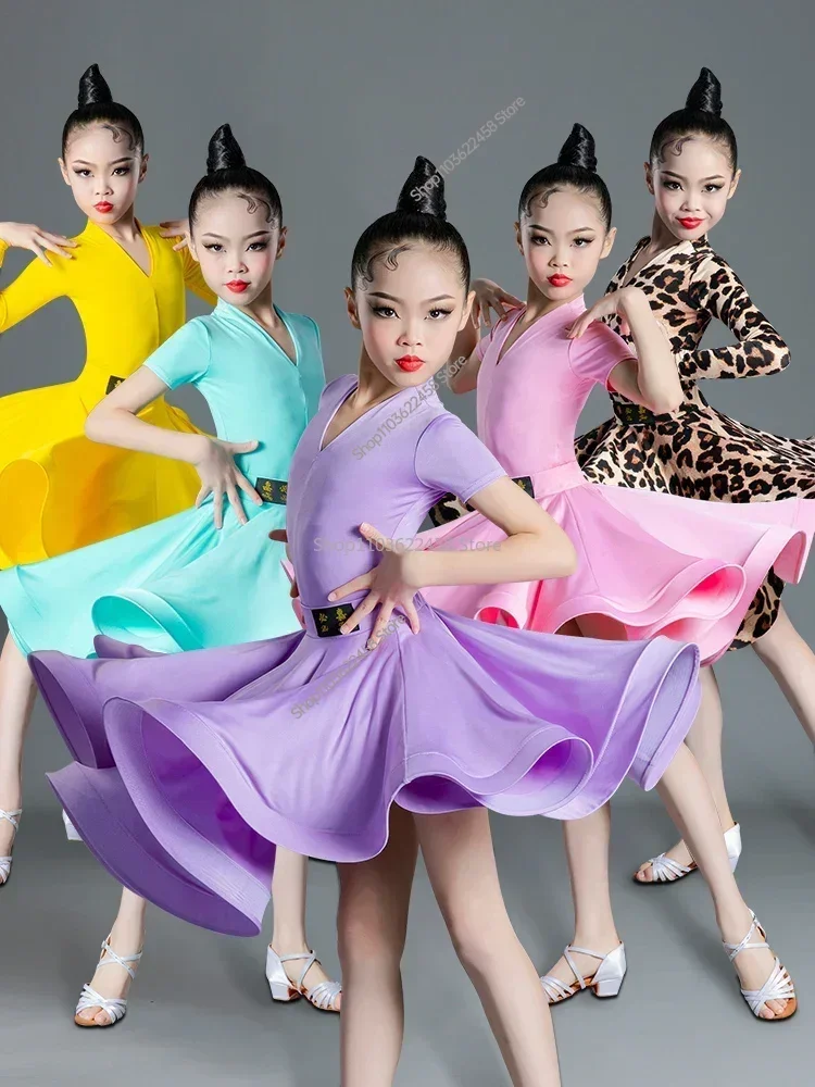 Leopard Spandex Girls Latin Dresses Dancing Ballroom Rumba Samba Cha Cha Tango Dance Dress Children Latin Dance Clothes Kids