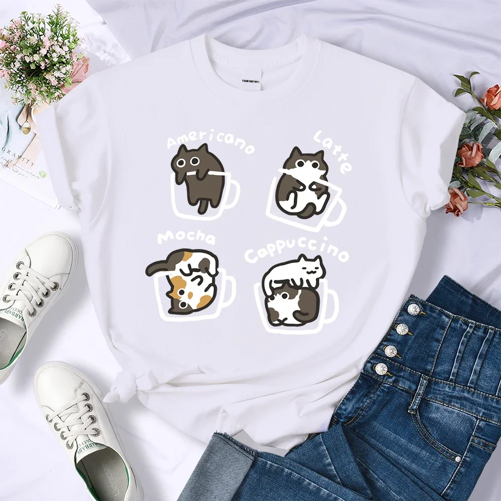 

T-Shirts Women Cat Coffee Art Letter Printed Breathable O-Neck Tee Shirts Loose Short Sleeve Soft Street Casual Clothes Female