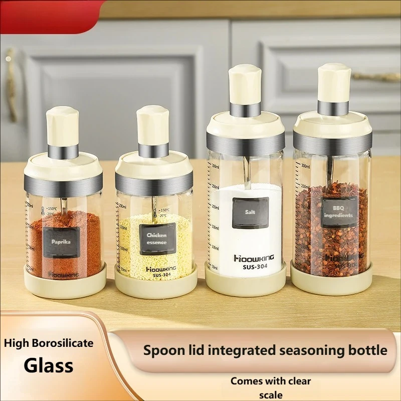 

Kitchen Seasoning Jars Glass Salt Shakers MSG Bottles Integrated Spoon Lid Condiment Box Set Household Storage Canisters