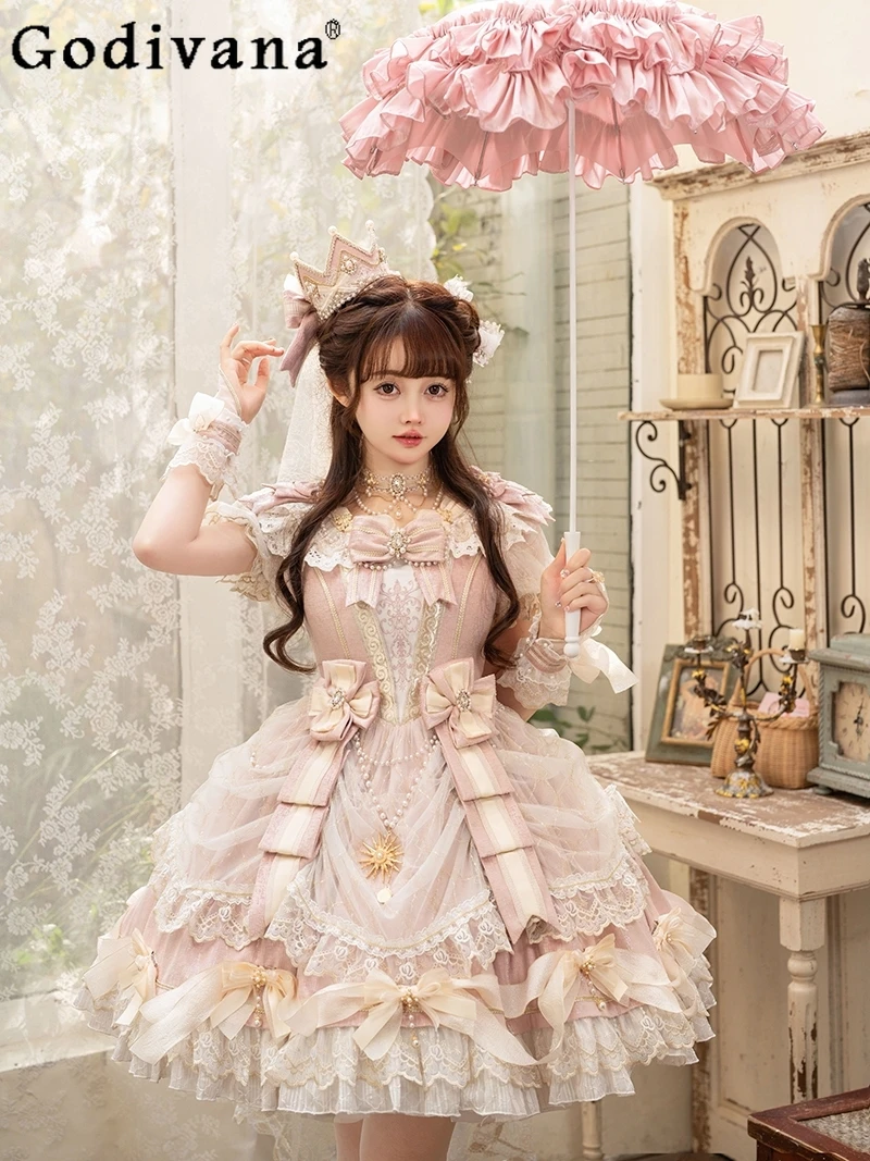 

Summer Japanese Lolita Dress Girly Harajuku Sweet Cute Slim-Fit Pink Elegant Princess DressWomen Bow Lace Ruffles Party Dresses