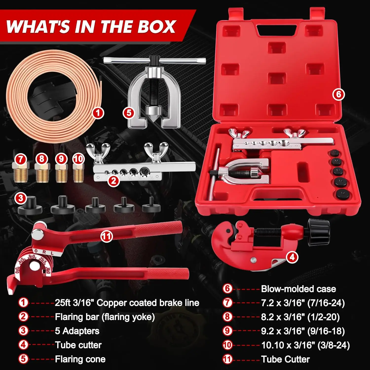 

25Ft 3/16'' Brake Line Kit with 16 Fittings and 4 Unions Brake Pipe Fittings,Brake Line Double & Single Flaring Tool Kit