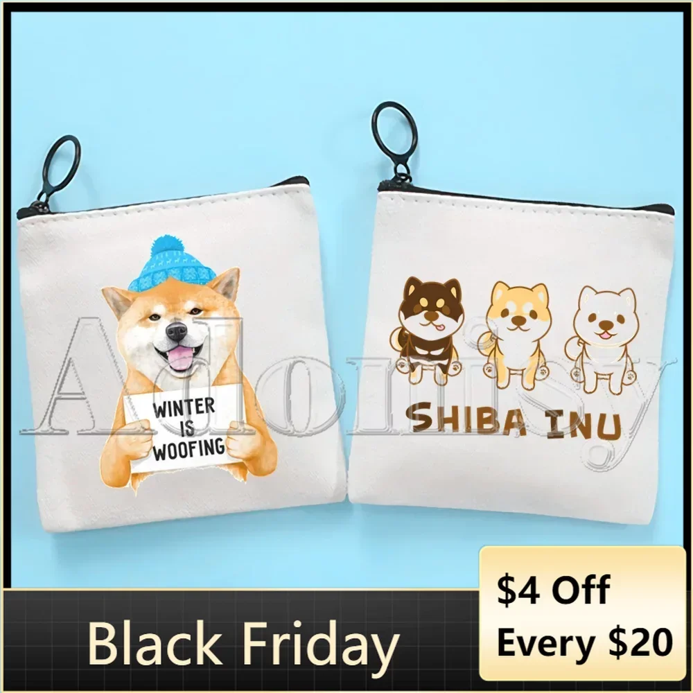 Bolsa de moedas Shiba Inu Canvas, Impressão Japonesa, Animal Engraçado, Bonito, Cor Sólida, Saco Chave com Zíper, Presente de Mão, Pequeno Fresco, Novo