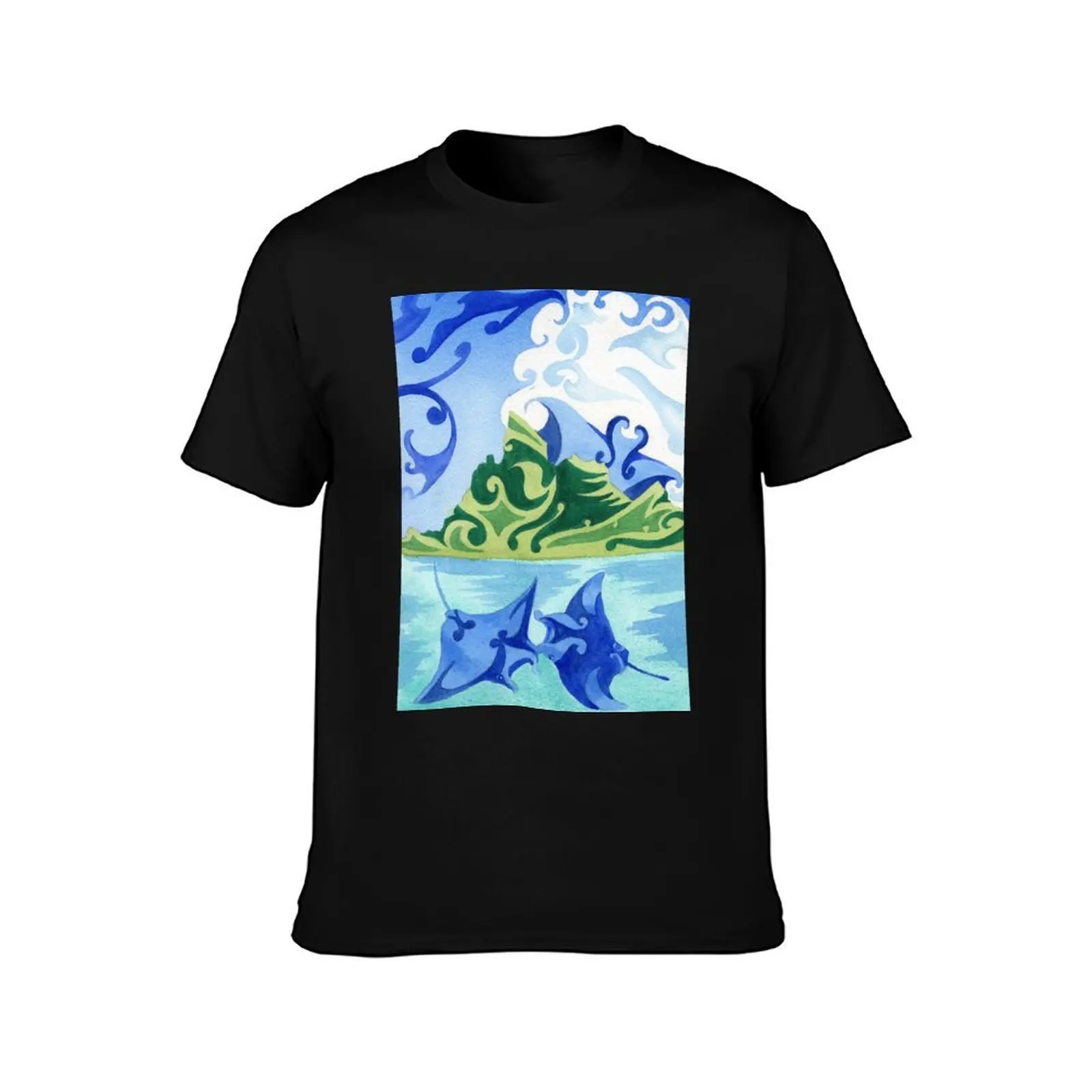 Polynesian manta rays in Bora Bora's lagoon T-Shirt Soft Casual Short Sleeve Cotton Tee T-Shirt
