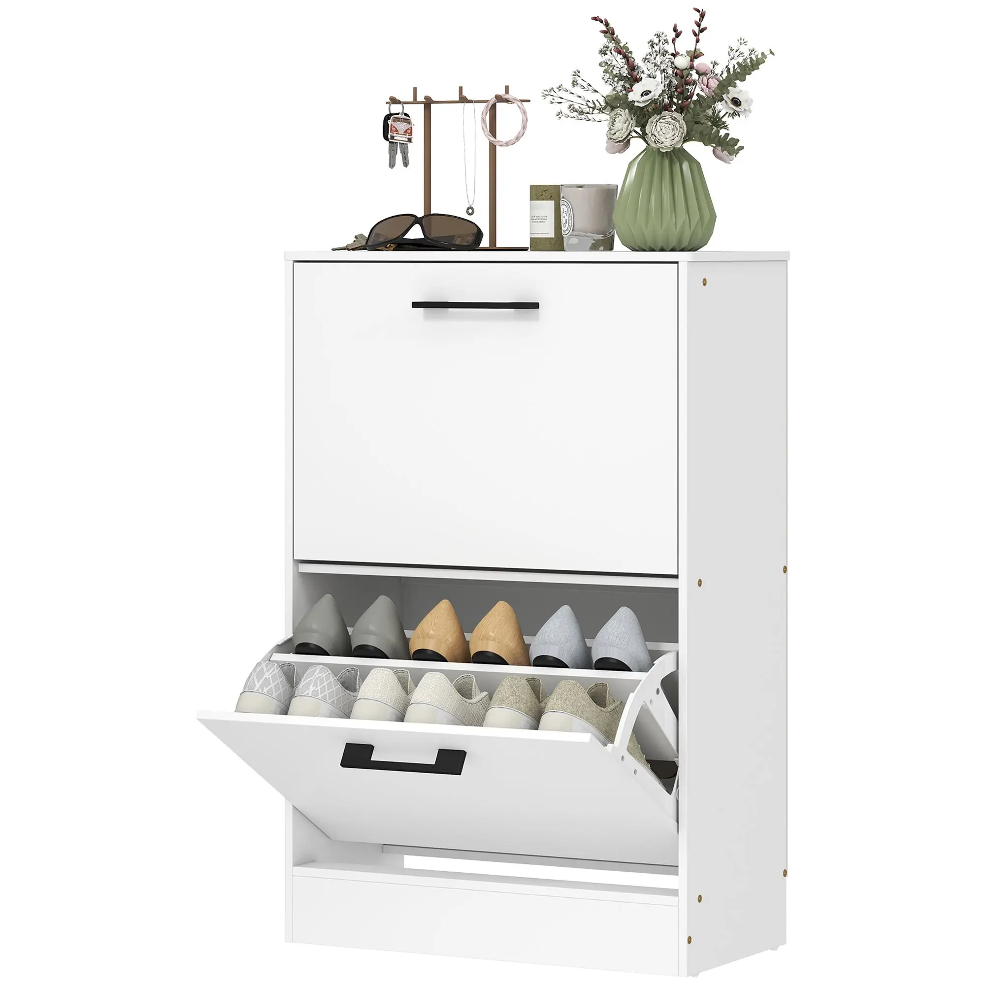 Shoe Cabinet 2 Flip Drawers Narrow Shoe Storage Unit Adjustable Dividers Entryway Hallway White