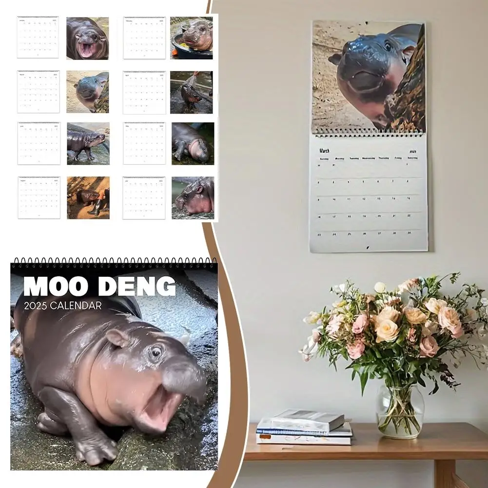 Calendario Moo Deng para 2025 |   Adorno de hipopótamo de dibujos animados, linda decoración de calendario de escritorio | 50 páginas Placa de cobre Q5d1