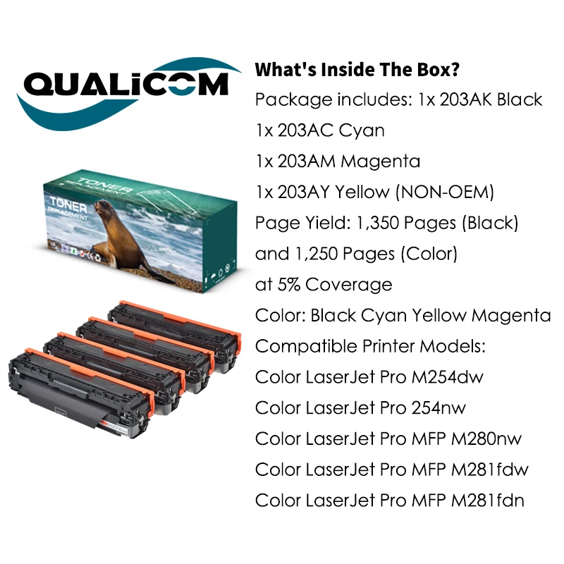 Qualicom Compatible 203A CF540 With Chip Toner Cartridges Replacement for HP Color Pro M254dw 254nw MFP M280nw M281fdw M281fdn