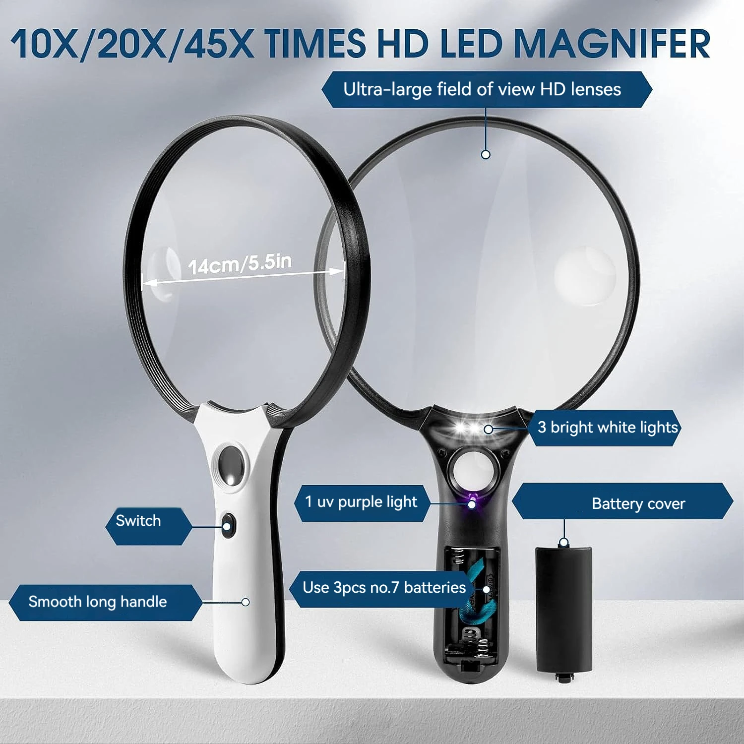 Magnifying Glass Handheld Magnifier with 3 Led Light for Reading Magnifying Glass Jewelry Loupe Large Mirror