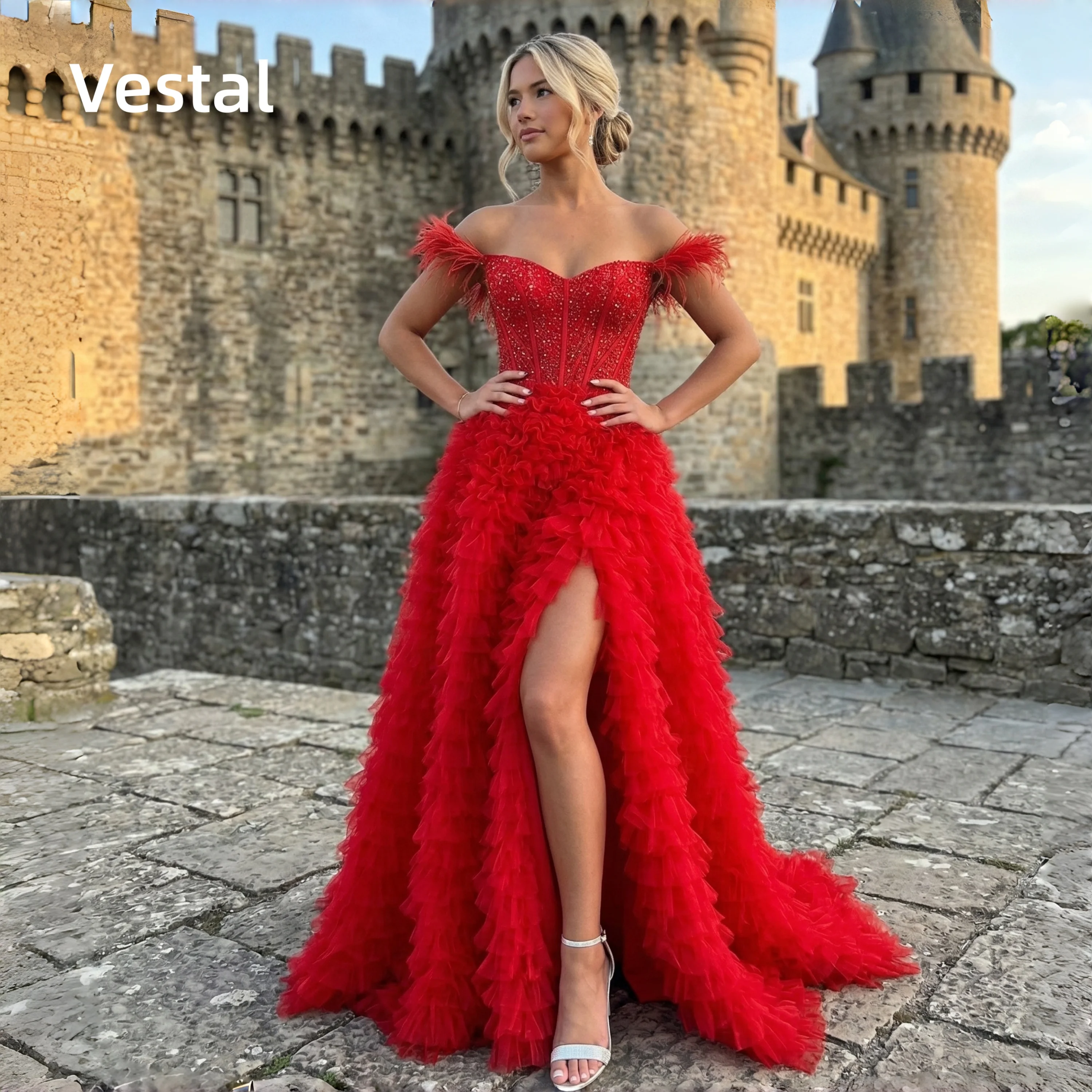 Glam Red Strapless Prom Dress Beaded Corset High Slit Ruffled Long Evening Gown Customized