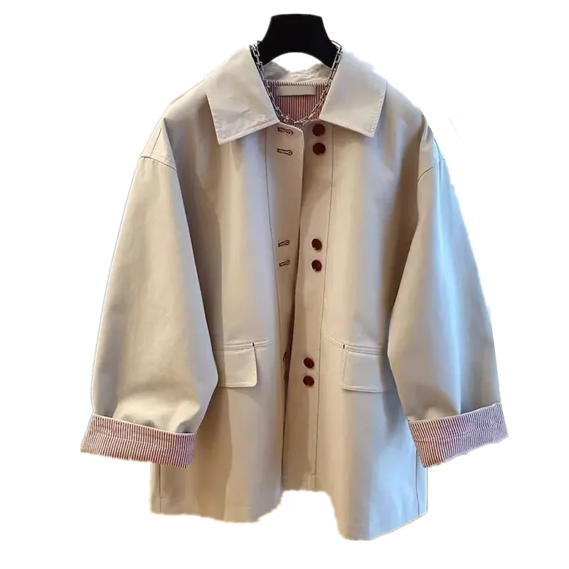 2025 Spring Autumn New Fashion Windbreaker Women Korean Splicing Mid-Length Pockets Long Sleeve Trench Coat Ladies Outwear B1066