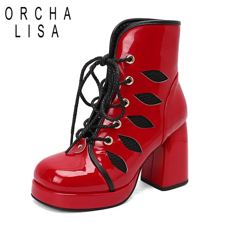 

ORCHA LISA 2025 Fashion Women Ankle Boots Round Toe Block Heels 9cm Platform 2.5cm Lace Up Breathable Mesh Dating Bota 41 42 43