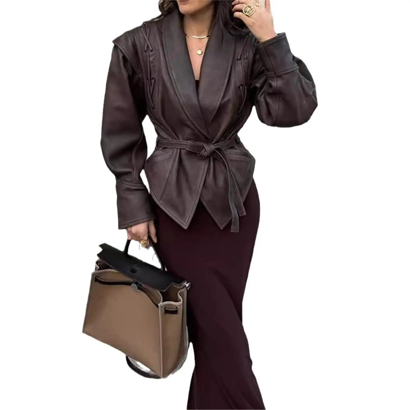 Cappotto Jaet retrò in ecopelle con cintura Capispalla lungo con colletto rovesciato per donna Autunno 2024 Materiale PU transfrontaliero